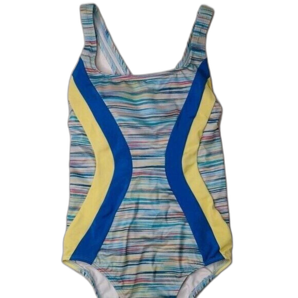 Lands' End Women's One-Piece Swimsuit Blue Yellow X-Back Slimming Lined Size 6